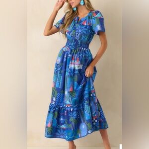 SugarLips Cobalt Blue Tropical Print Cotton Maxi Dress NWT